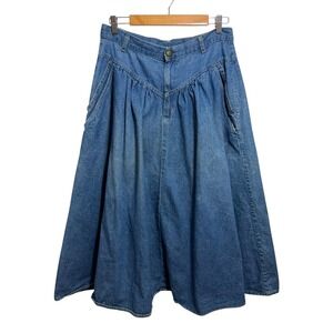 Lerner Denim Skirt Women Blue 12 Vintage High Waist Pleated Midi V-Yoke Pockets